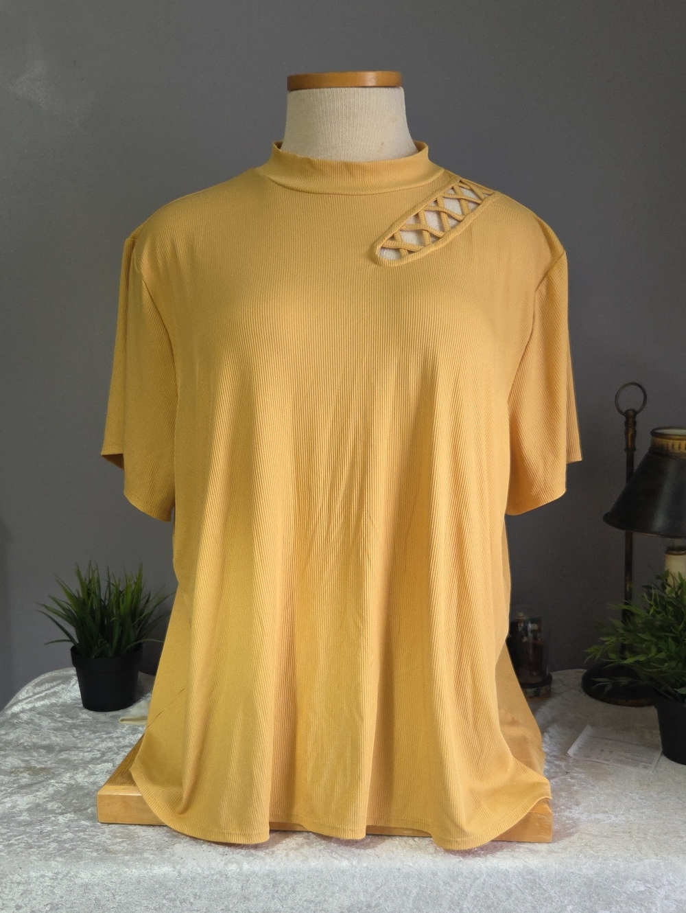 Cato Mustard Short Sleeve Top with Lattice Shoulder